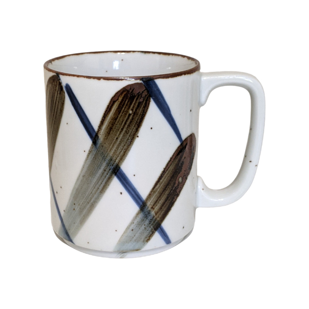 Vintage Mid-Century Plaid Stoneware‎ Mug, Blue and Brown Boho Mug Speckled Glaze